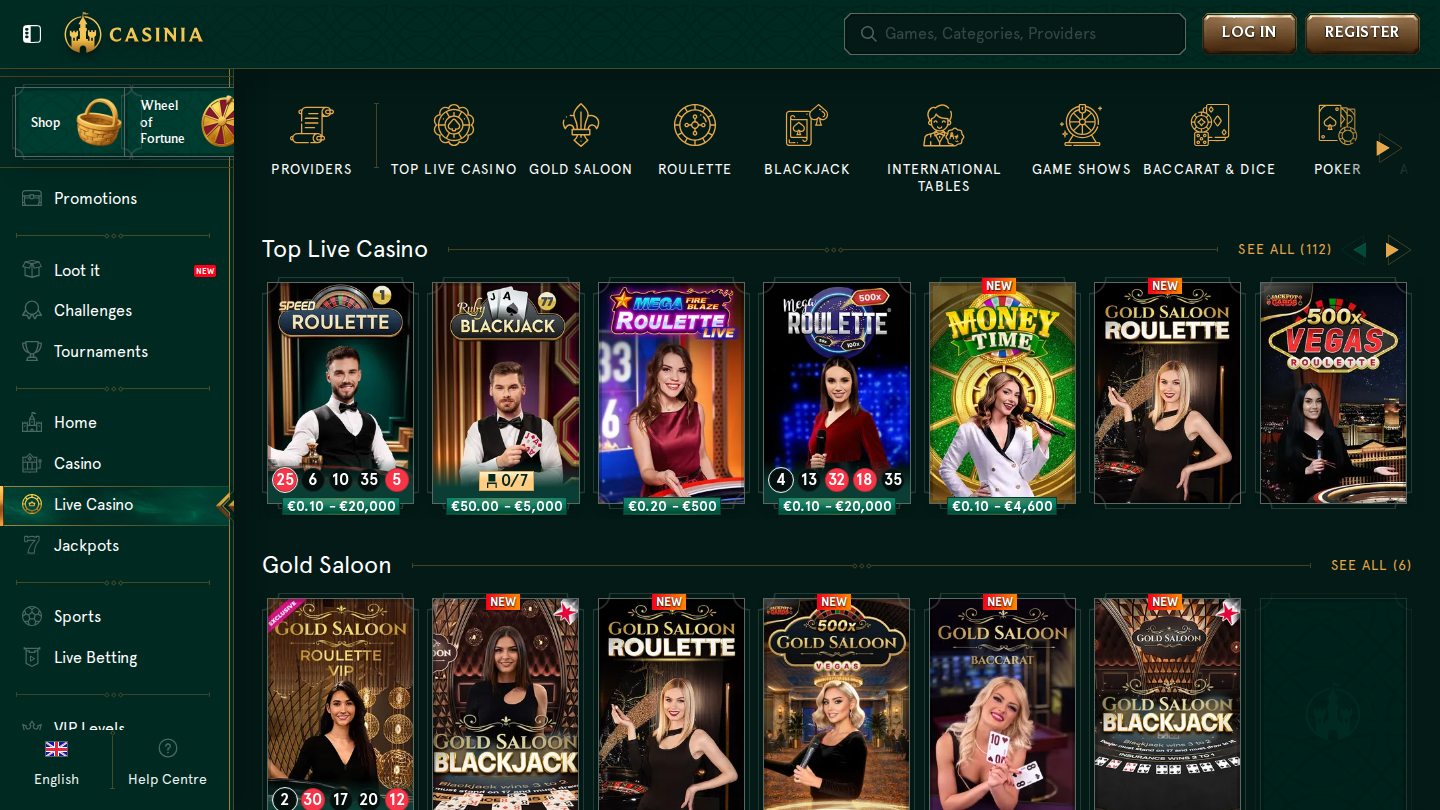 Live Casino and Table Games at Casinia